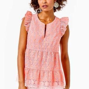 Lilly Pulitzer Keila Top Embroidered Eyelet Lace Peach Floral Pink Blouse Sz 12